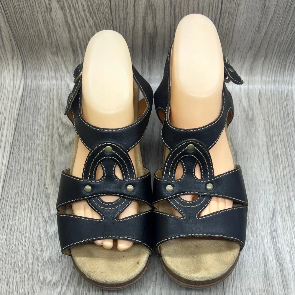 Dansko Black and Tan Wedge Sandals